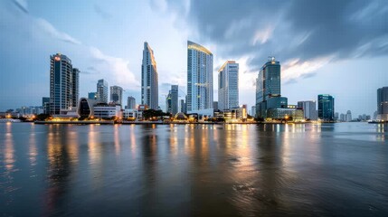 City skyline at dusk with lights starting to flicker on, [twilight], [urban beauty]