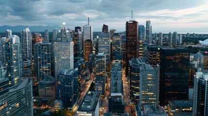 Obraz premium City skyline at dusk with lights starting to flicker on, [twilight], [urban beauty]