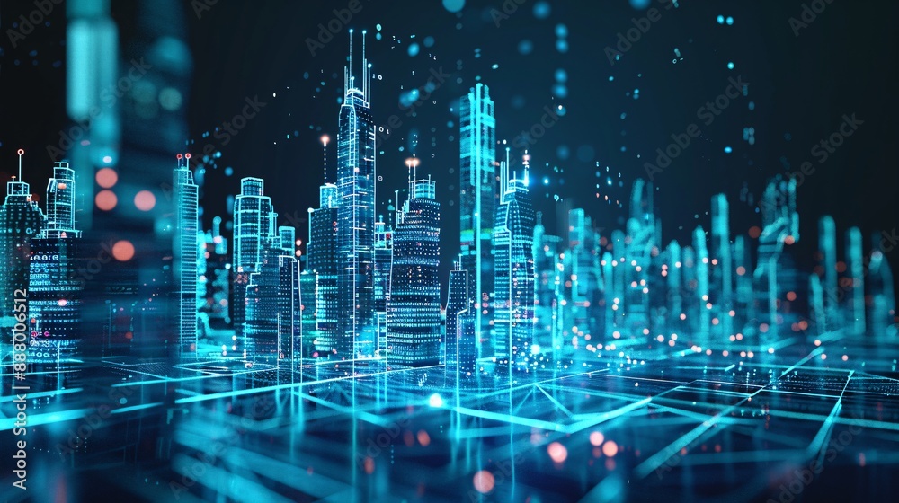 Poster a 3d rendering of a futuristic city powered by ai, with interconnected digital elements and data vis