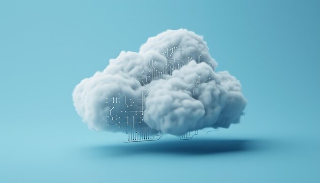 3D illustration of a digital cloud on a blue background, representing cloud computing, data storage, and modern technology concepts.