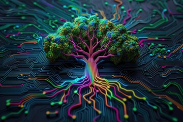 A vibrant, colorful tree graphically designed to appear as part of an integrated circuit, symbolizing nature and technology fusion.