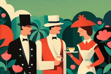 A dreamlike Art Deco illustration showcases an elegant tea party Guests dressed in Jazz Age attire enjoy tea in a garden adorned with geometric designs The whimsical atmosphere cap