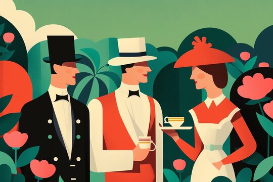 A dreamlike Art Deco illustration showcases an elegant tea party Guests dressed in Jazz Age attire enjoy tea in a garden adorned with geometric designs The whimsical atmosphere cap