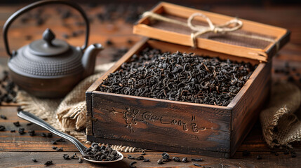 A wooden box filled with loose black tea leaves, with a spoonful of tea leaves in front. A traditional iron teapot is placed beside the box on a rustic wooden table.
