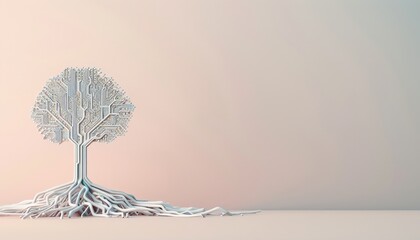 Digital tree with interconnected roots on a gradient background symbolizing technology, growth, and connectivity with minimalistic design.
