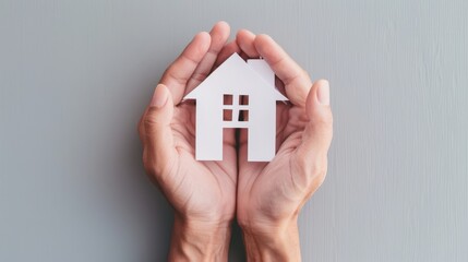 Hands holding a small white paper house, symbolizing home, safety, protection, and real estate. Ideal for themes of housing and security.