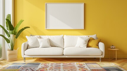 Minimalistic living room White poster frame mockup yellow wall, modern room blank painting furniture and potted plant