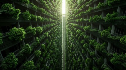 Vertical garden with lush green plants in a modern high-rise building. Sunlight filters through the architecture promoting urban greenery.