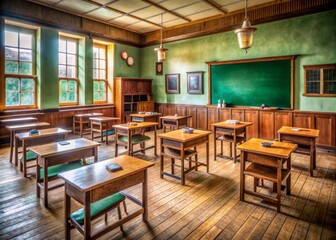 Vintage-style classroom interior with wooden desks and chairs, green chalkboard, and wooden cabinets, evoking a sense of nostalgia and traditional education.