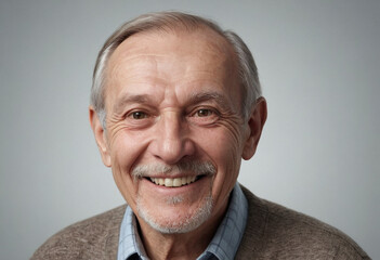 Obraz premium Portrait view of a regular happy smiling Russia old man, ultra realistic, candid, social media, avatar image, plain solid background