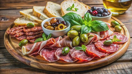 Vibrant antipasto platter arranged with artisanal cheeses, cured meats, crusty bread, and Cerignola olives, garnished with fresh basil and drizzled with olive oil.