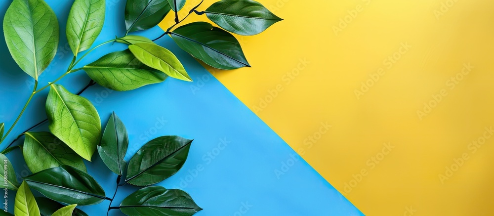 Canvas Prints green leaves set on blue and yellow backdrop with copy space image