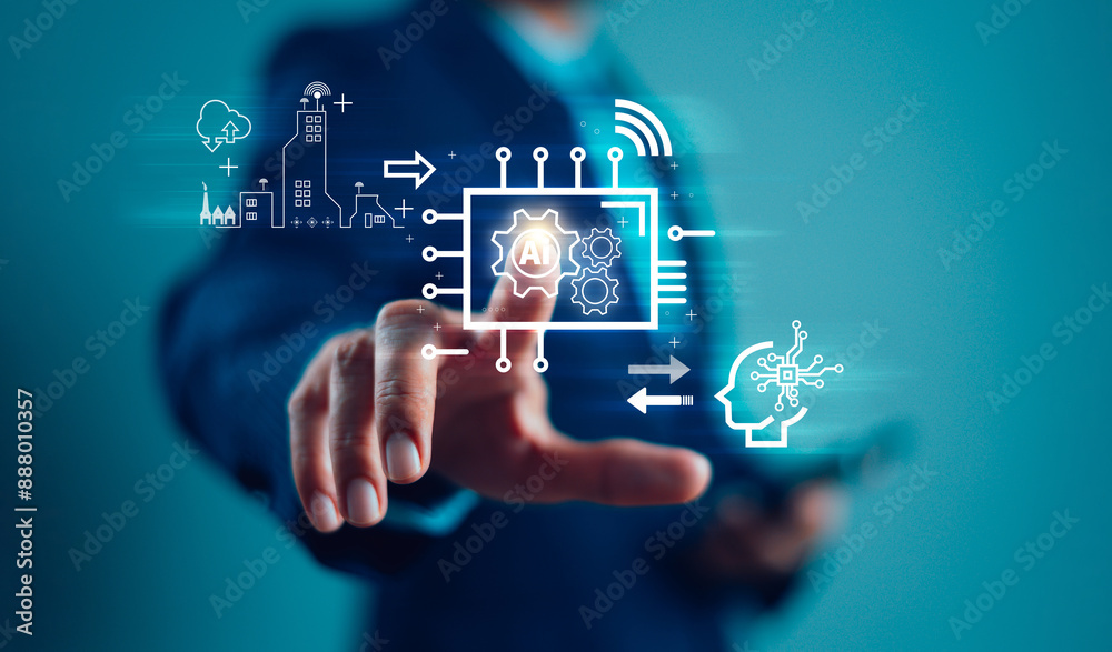 Poster ai chat, artificial intelligence network communication concept. businessman use website on smartphon