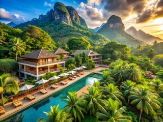 Naklejka premium Luxurious tropical resort with mountain view and lush greenery