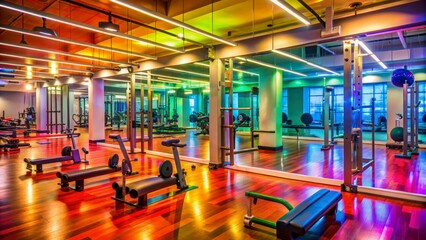 Sweaty exercise equipment and empty studio mirrors reflect vibrant colors, spotlighting an intense workout atmosphere, conveying energy and motivation of a fitness training session.