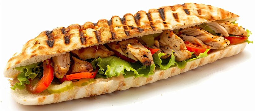 An Indian flatbread sandwich filled with chicken vegetables and a blank area for your own picture. Copy space image. Place for adding text and design