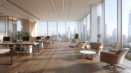 Modern Office Space with Floor-to-Ceiling Windows and Stunning City Views