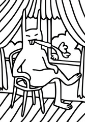 Hand drawn hare doodle illustration, cool character sitting on chair with carrot in mouth.