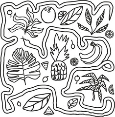 Fototapeta premium Hand drawn doodle with tropical exotic fruits, plants and snake.