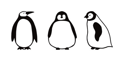 Obraz premium Black and white doodle illustrations of penguins. Penguin icon, penguin cartoon set. 