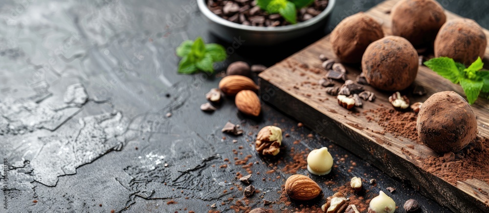 Wall mural Wooden board with chocolate truffles nuts and cacao dressing ready for a photo with copy space image