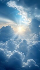 Sun shining through clouds, creating a beautiful and serene scene in the sky