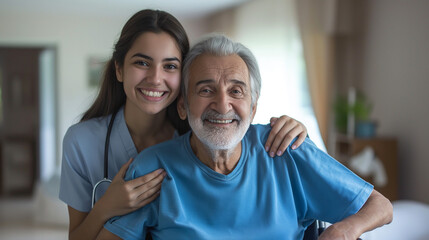 Obraz premium A young volunteer woman or nurse wearing a blue t-shirt with an elderly man. Caregiver, healthcare concept.