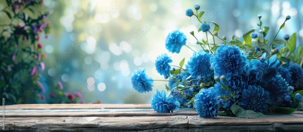 Sticker Floral arrangement featuring striking blue flowers set against a wooden table with a backdrop of a serene garden ideal for a copy space image