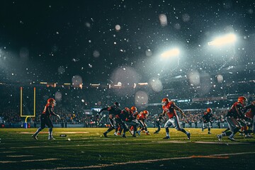 Fototapeta premium Football players running play during night game in snow