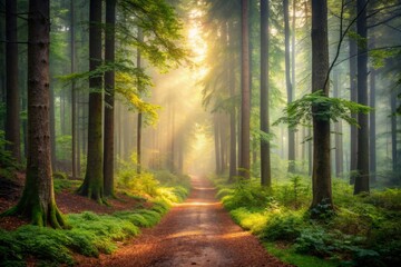 Obraz premium Serene forest entrance with worn dirt path unfolding into misty woods, inviting the viewer to embark on a transformative journey of self-discovery and wonder.