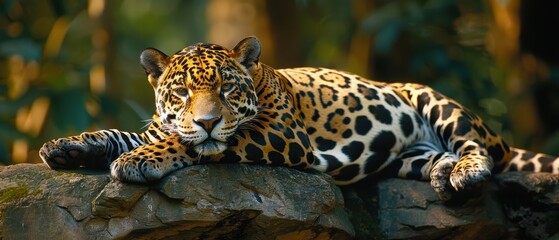 Majestic Jaguar Relaxing on a Lush Rainforest Ledge