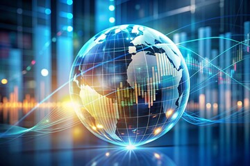 Abstract digital business chart with a globe overlay on a blurry background