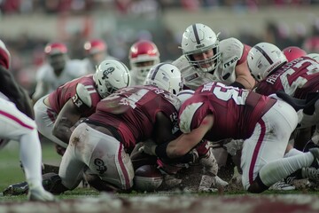 American football players scrum during a game in a stadium