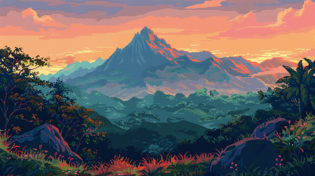 2d pixel art of mountain and hill, forest, game art, 8-bit, 16-bit