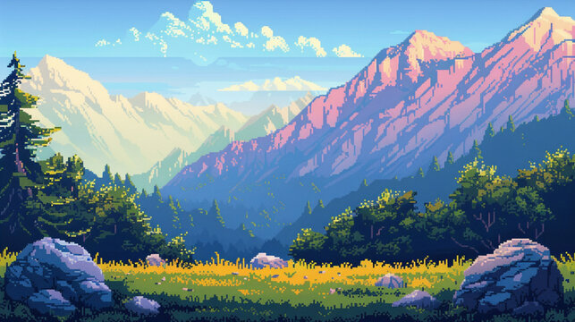 2d pixel art of mountain and hill, forest, game art, 8-bit, 16-bit