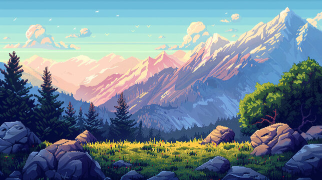 2d pixel art of mountain and hill, forest, game art, 8-bit, 16-bit