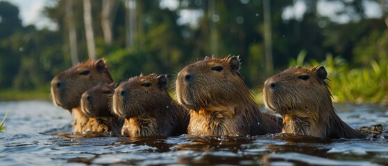 Tranquil Scene of Capybaras Swimming in Amazon River with Lush Forest Background