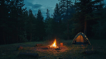 camping in the forest at night, camp fire