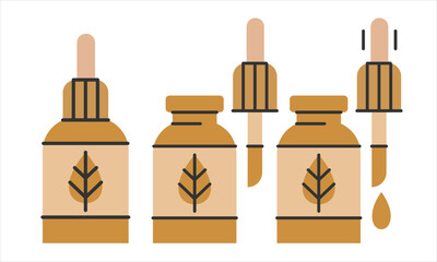 Dropper bottle with serum or oil, linear icons set. Closed, Opened vial with drop, herbal liquid package.Makeup and cosmetology concept.Editable Stroke. Vector illustration EPS 10