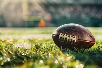 A football on a grass field in the afternoon sunlight