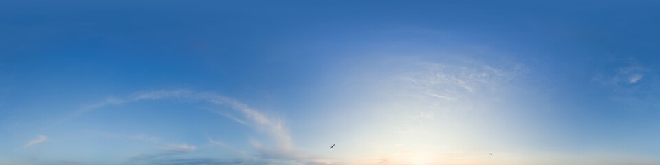 Fototapeta premium Sky 360 panorama - Bright blue sky filled with fluffy white Cirrus clouds. Seamless hdr spherical 360 panorama. Sky dome sky replacement for aerial drone 360 panoramas. Weather and climate change
