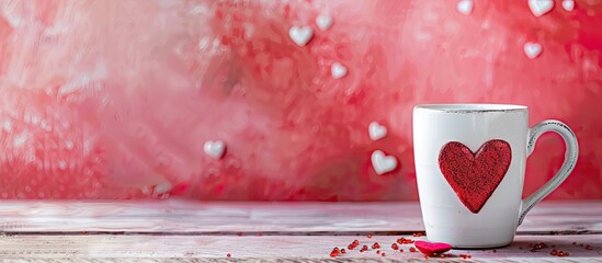 A white mug with a heart sits on a table against a Valentine s Day background offering an empty copy space image for Mother s Day and Father s Day