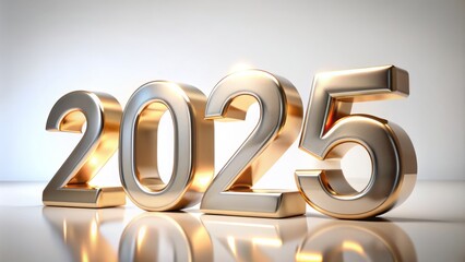 A large, shiny, metallic 2025 number stands out against a clean white background, symbolizing a bright future and fresh opportunities in the new year ahead.
