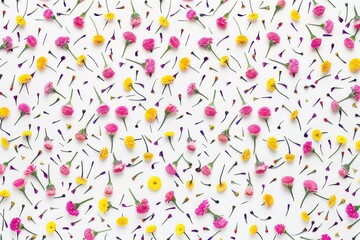 A close up of a flowery pattern with pink and yellow flowers. The flowers are scattered throughout the image, with some in the foreground and others in the background.