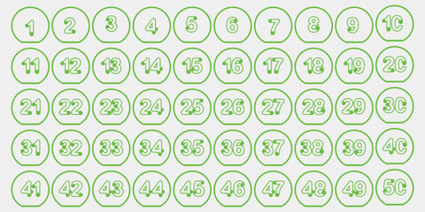 Design numbers 1 to 50 premium digital green circle icon