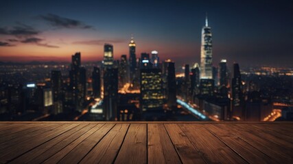 Fototapeta premium wooden decking with blurred city in background, product display mockup at night.