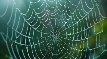 Close up of real creepy spider web silhouette in the morning dew with water drops, illuminated by the sun