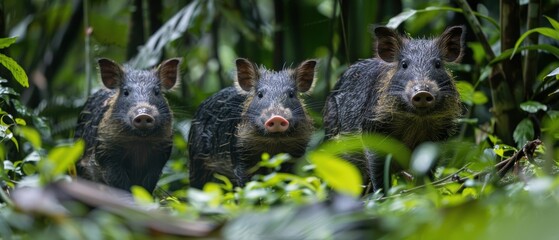 Herd of Peccaries Foraging in Lush Amazon Rainforest Undergrowth