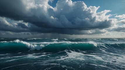 Ocean with stormy clouds and churning waves and blue sky and clouds.