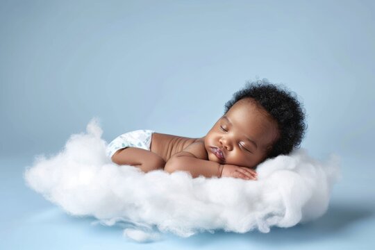 Cute Sleeping Afro Baby Sleeping On A White And Soft Cloud, Studio Photo, A Light Blue Background, Baby Floating On A Cloud